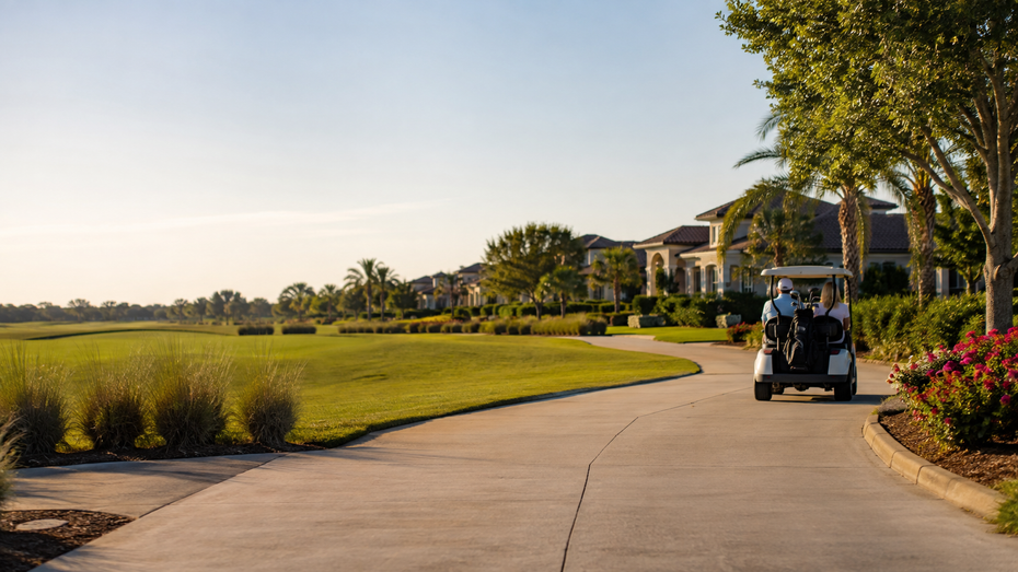 A white golf cart with people riding drives along a paved path at a golf resort, with manicured green fairways, trees, and villas in the background under a clear blue sky.