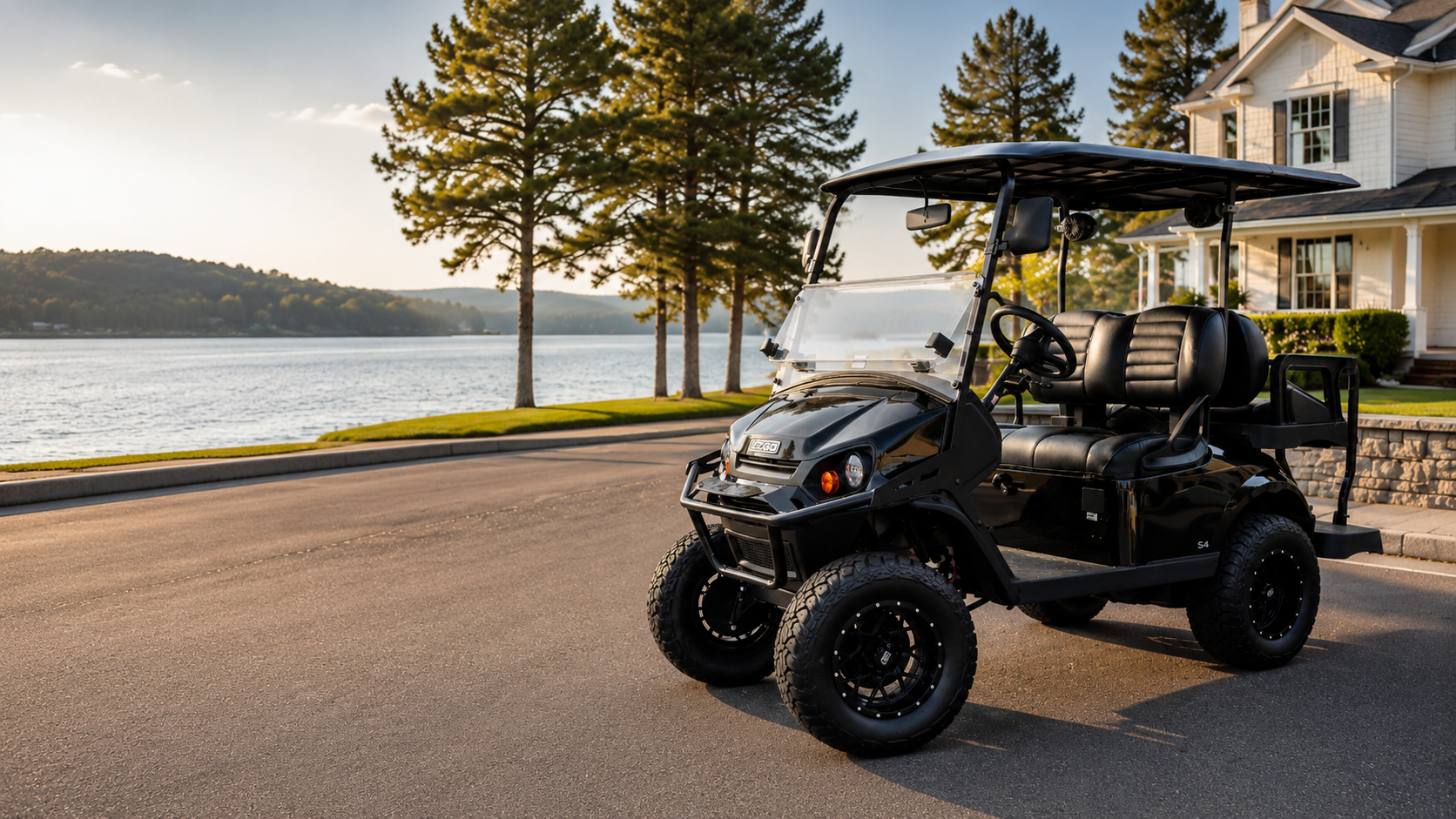 A black electric golf cart with an open canopy and four seats is parked on a paved road beside a lake, with tall trees and a house in the background.