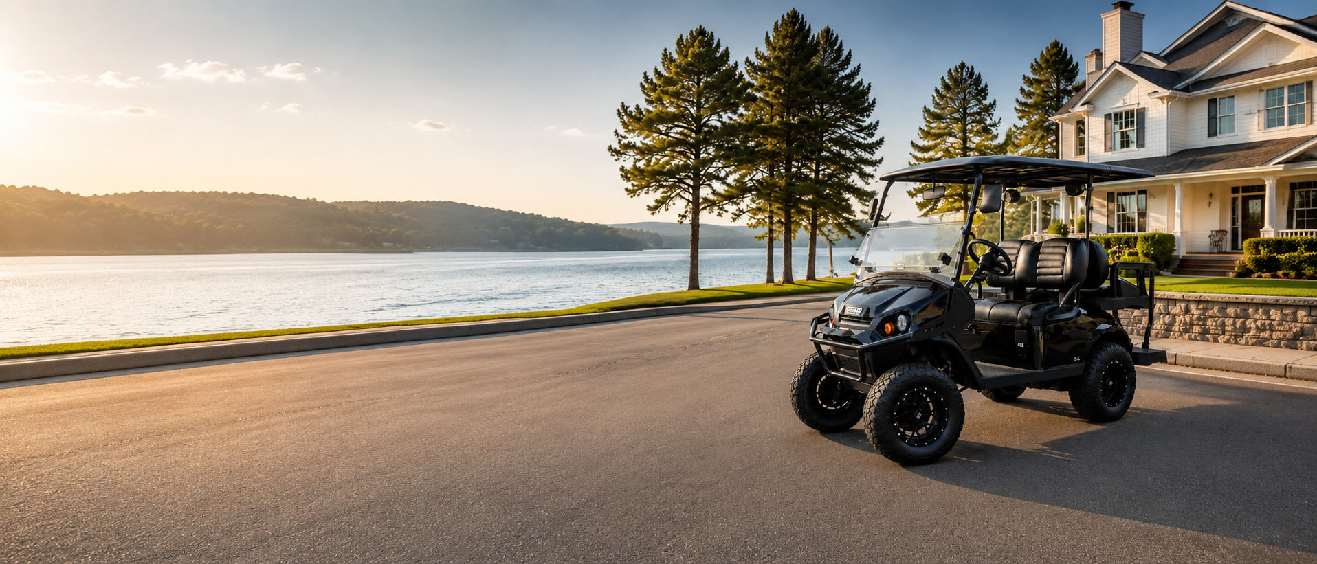 A black electric golf cart with a clear canopy and four seats is parked on a paved road beside a lake, with tall pine trees, a house, and distant hills in the background.