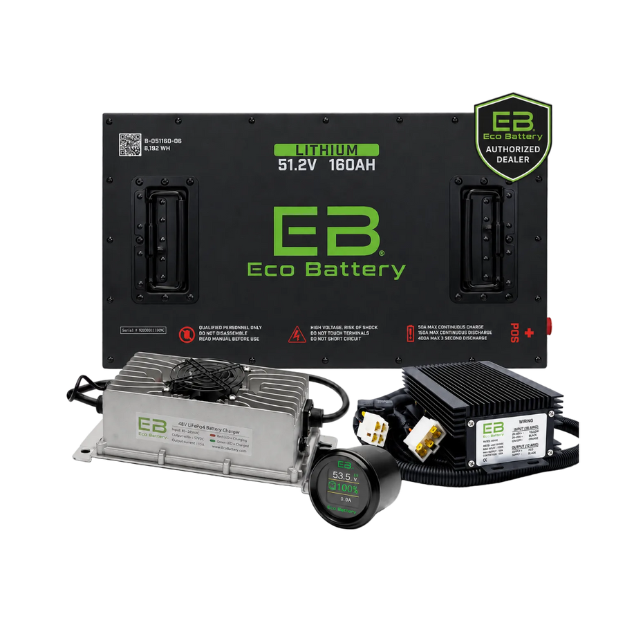 EB Eco Battery 51.2V 160AH lithium battery system kit with a black battery pack, silver charger, black controller, and round digital display on a transparent background.