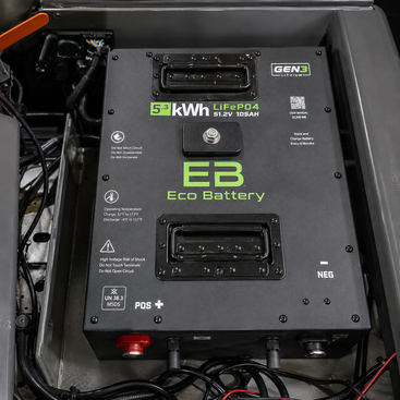 A Gen3 Eco Battery 53 kWh lithium-ion power system, 31.2V 105AH, shown installed inside a vehicle battery compartment with wiring and metal chassis visible.