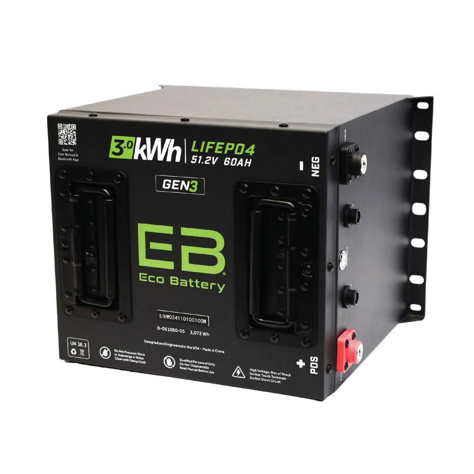 A black rack-mount Eco Battery lithium-ion battery system with green and white text, shown on a plain white background.